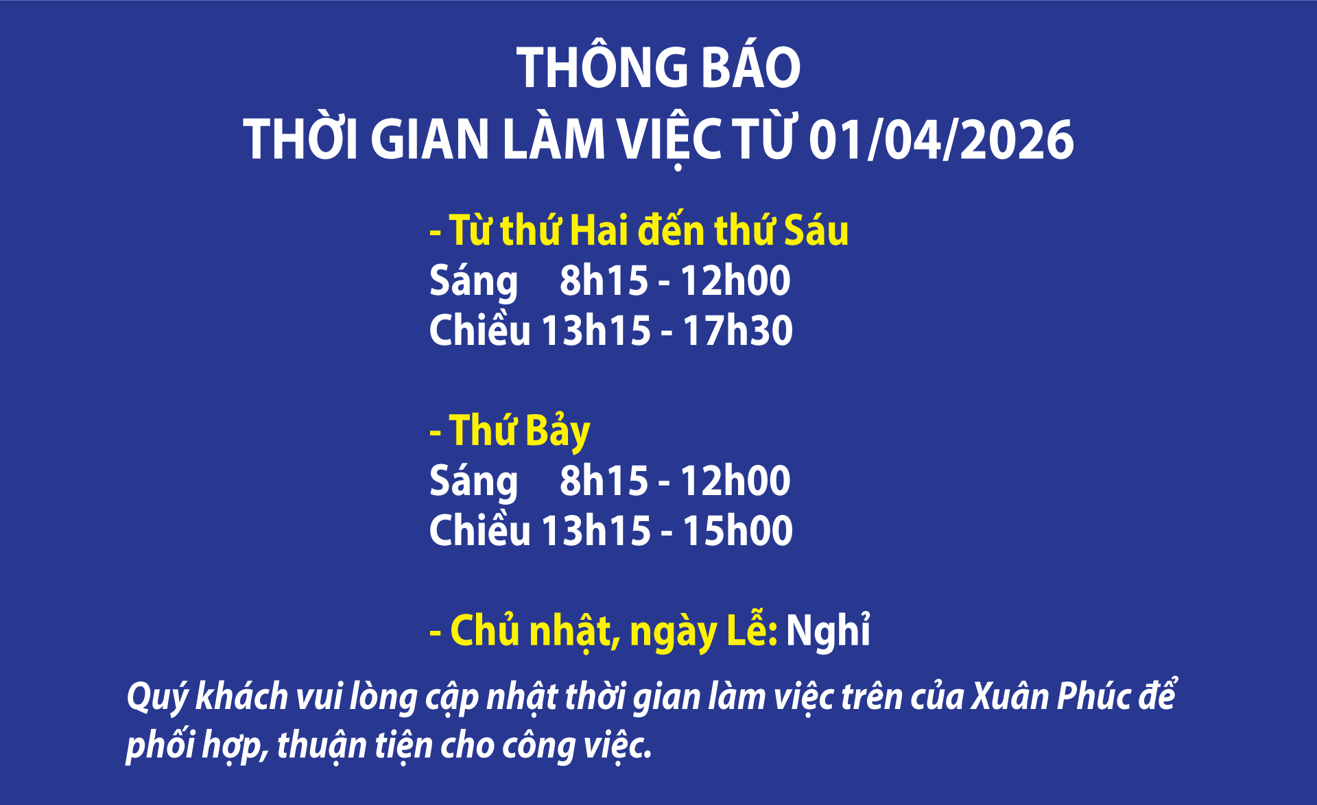 Giờ làm việc áp dụng từ 01/4/2026